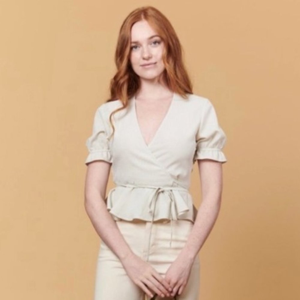 Whimsy + Row Gingham Wrap Top with Ruffled Sleeves XS